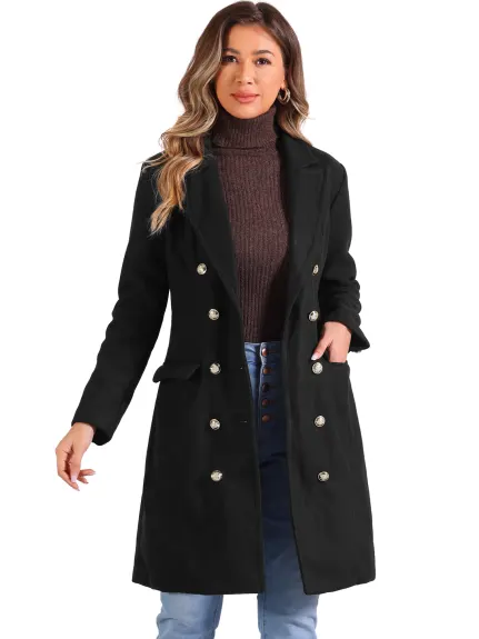 Allegra K - Notched Lapel Double Breasted Long Pea Coat