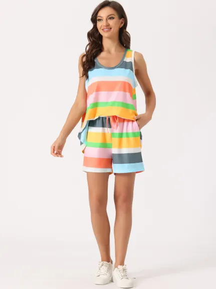 cheibear - Rainbow Stripe Lounge Outfits with Pockets