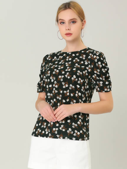 Allegra K- Floral Crew Neck Shirred Short Sleeve Blouse