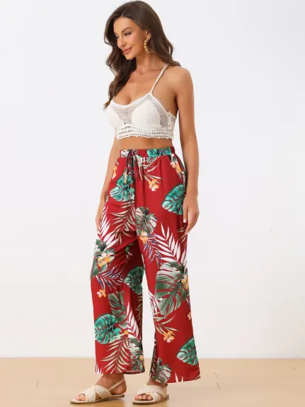 Allegra K- Drawstring Wide Leg Floral Beach Pants