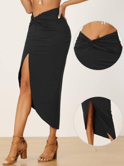 Allegra K- Ruched High Split Twist Front Midi Skirt