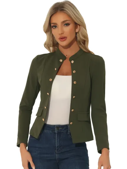 Allegra K- Stand Collar Open Front Button Decor Blazer Jacket