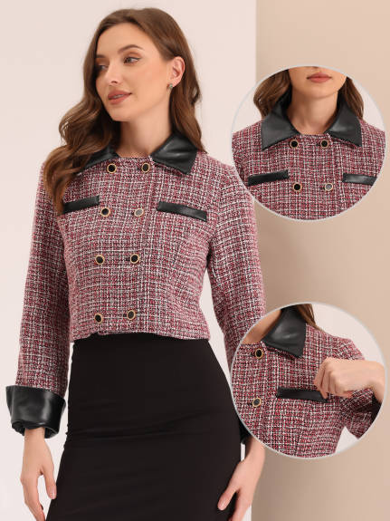 Allegra K - Contrast Collar Tweed Plaid Blazer