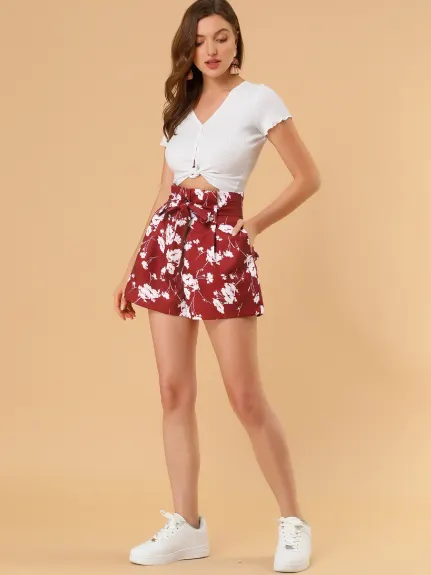 Allegra K - Summer High Waist Floral Paper Bag Shorts