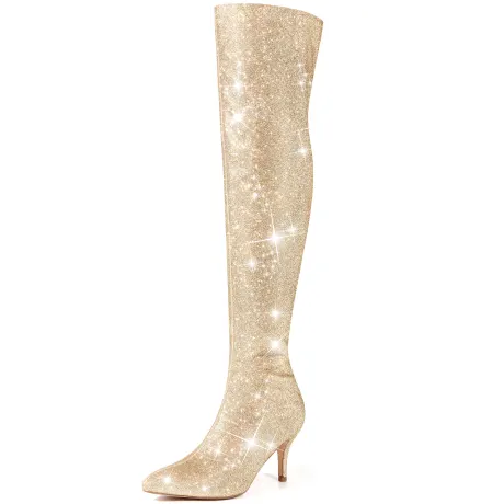 Allegra K - Glitter Pointed Toe Stiletto Heels Over the Knee Boots