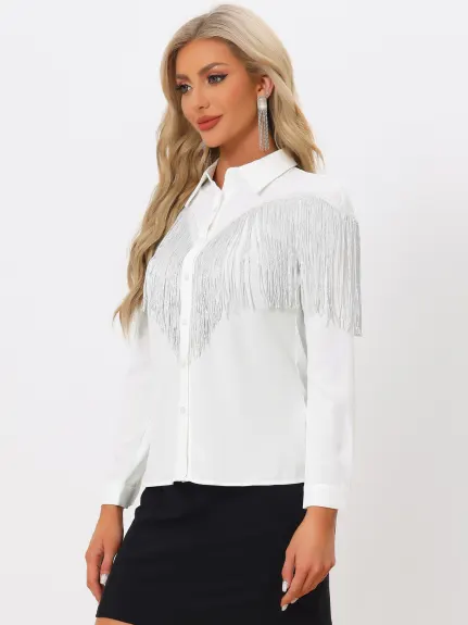 Allegra K - Long Sleeve Fringe Party Shirt