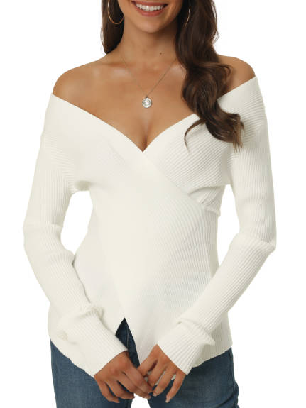 Allegra K- V Neck Wrap Long Sleeve Sweater Top