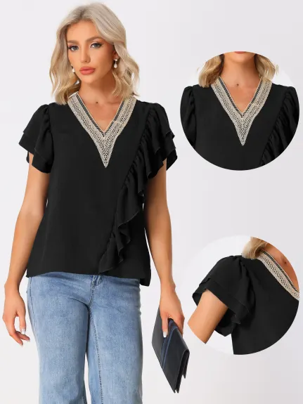 Allegra K - Ruffle Short Sleeve V Neck Blouse