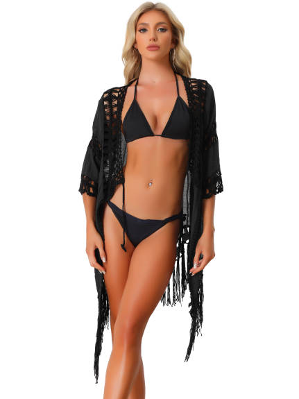 Allegra K- Tassel Tie Front Crochet Cardigan Swimsuit