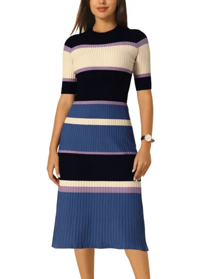 Hobemty- Short Sleeve Striped Knit A-Line Midi Dress