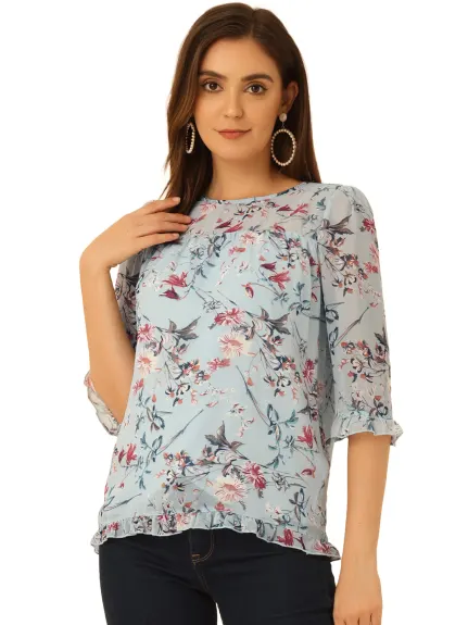 Allegra K- Floral Ruffled 3/4 Sleeve Chiffon Blouses