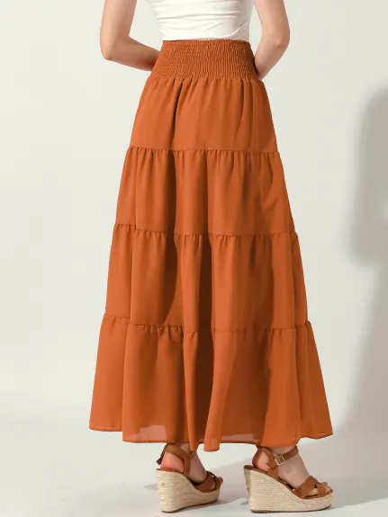 Allegra K - Smocked Waist Tiered A-Line Maxi Skirt