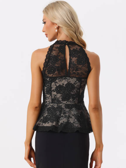 Allegra K- Sweetheart Neck Sleeveless Lace Peplum Top