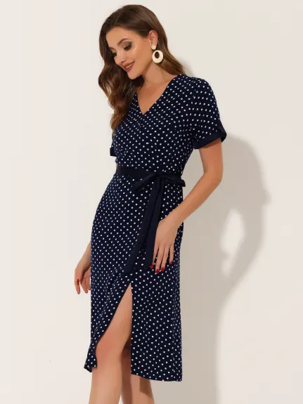 Allegra K- V Neck Polka Dots Button Decor Split Belted Dress