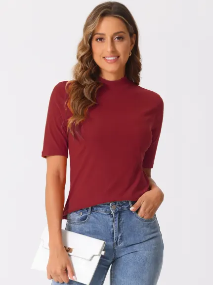 Allegra K - Elbow Length Turtleneck Half Sleeve Top