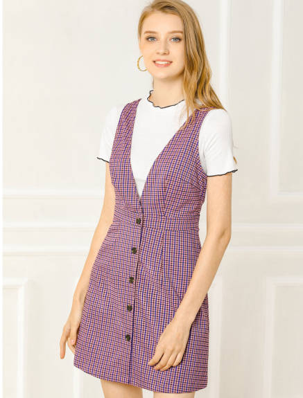 Allegra K- Overalls V-Neck Plaid Houndstooth Pinafore Dress