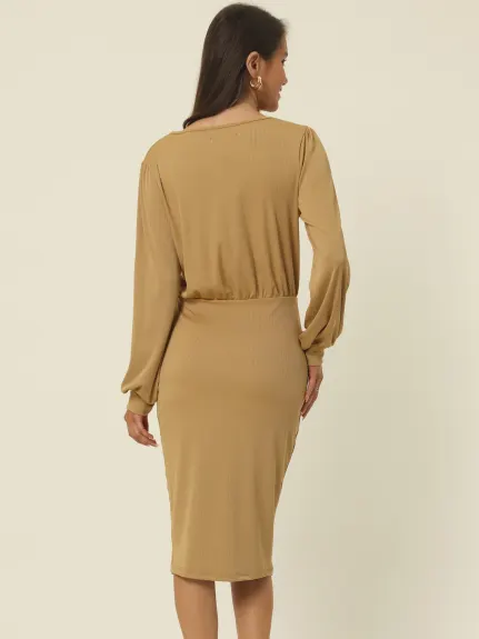 Allegra K- Ruched Side Slit Lantern Sleeve Ribbed Knit Bodycon Midi Dress