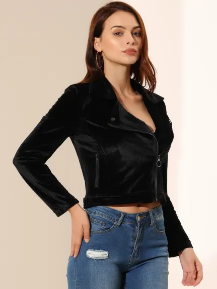 Allegra K- Velvet Zipper Lapel Collar Moto Biker Jacket