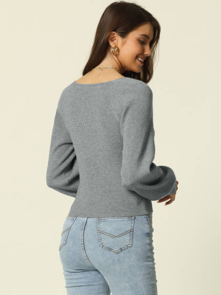 Allegra K- Bishop Sleeve Square Neck Ribbed Knit Crop Sweater Top