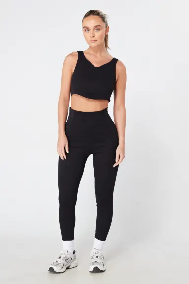 Twill Active Rib Dip Hem Sports Bra - BLACK