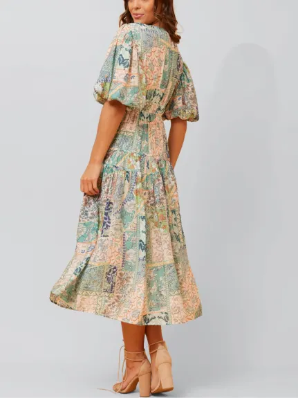 Annick - Lorenza Robe Midi Évasée Manches Bouffantes Vert