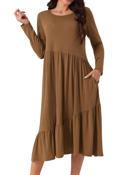 Allegra K - Long Sleeve Pleated Tiered Swing Dress