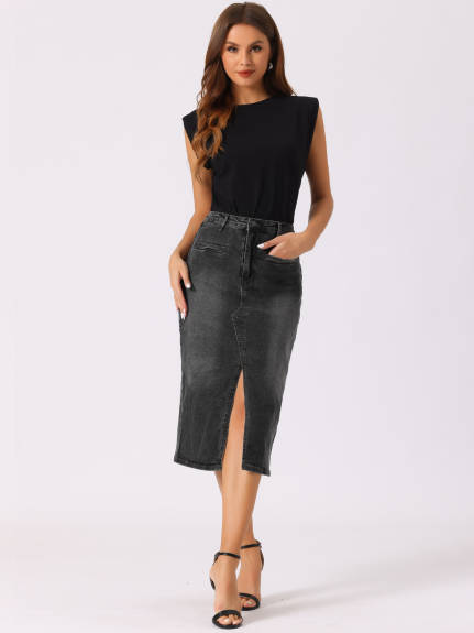 Allegra K- High Waist Slit Front Midi Denim Skirt