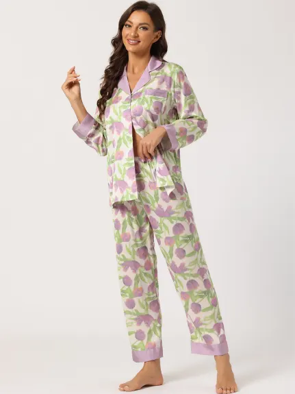 cheibear - Floral Button Down Silk Sleepwear 2pcs Set