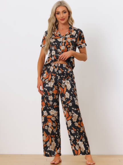 cheibear - Floral Satin Button Top and Pants Pajama Set