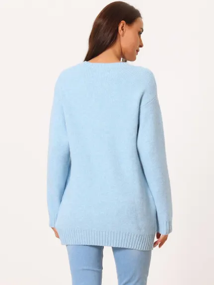 Allegra K- Round Neck Pullover Sweater with Pockets