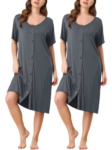 cheibear - Summer Button Down Nightgown 2-Pack, Deep Gray