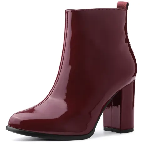 Allegra K- Round Toe High Heels Glossy Ankle Boots