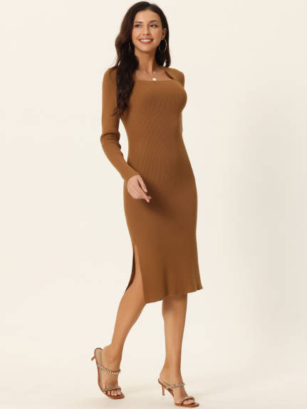 Allegra K - Square Neck Long Sleeve Ribbed Knit Dress