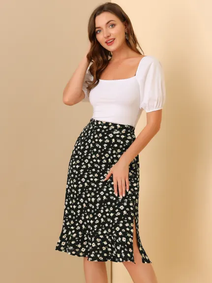 Allegra K- Floral Ruffle A-Line Split Midi Skirt