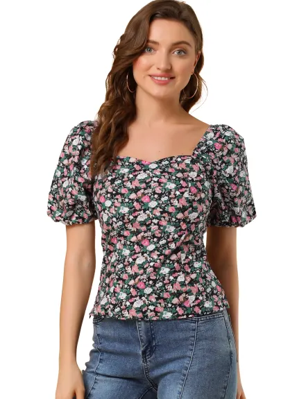 Allegra K- Puff Sleeve Sweetheart Neck Smocked Floral Top