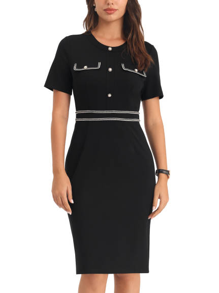 Hobemty- Short Sleeve Contrast Color Pencil Dress