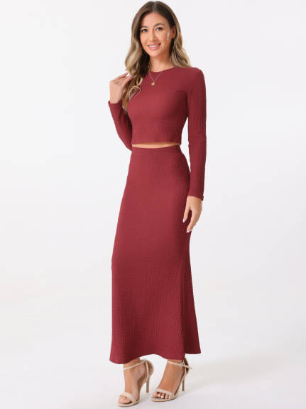 Allegra K - Long Sleeve Knit Crop Top Maxi Skirt Set