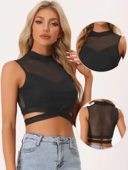 Allegra K- Mesh Sheer Sleeveless Waist Cross Crop Cami Top