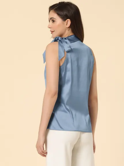 Allegra K - Satin Sleeveless Tie Neck Work Blouse