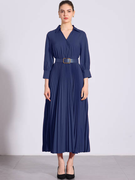 Allegra K - V-Neck Belted Formal Maxi Pleated Dress