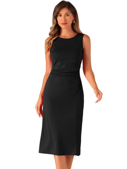 Allegra K- Ruched Crew Neck Sleeveless Midi Dress