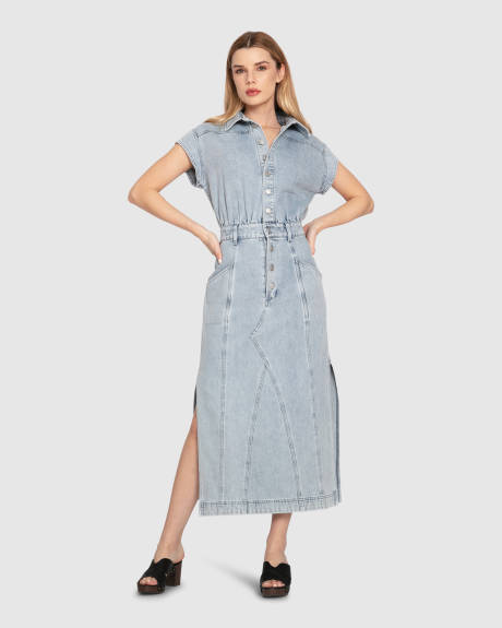 Robe chemise mi-longue en denim Sundown - Délavage à la pierre