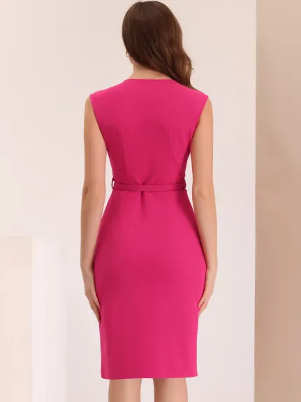 Allegra K- Sheath Sleeveless V Neck Belt Pencil Dress