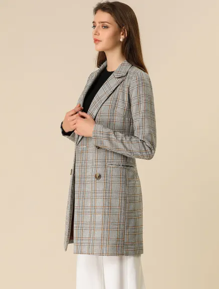 Allegra K- Notched Lapel Double Breasted Plaid Blazer