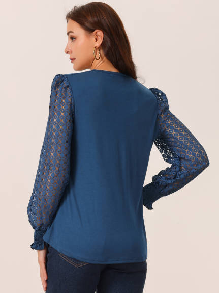 Allegra K - Lace V Neck Hallow Out Sleeve Blouse