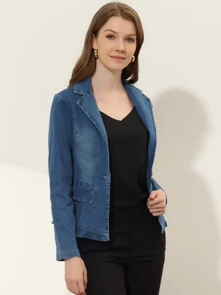 Allegra K- Notched Lapel One Button Washed Denim Blazer