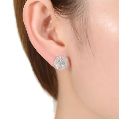 Genevive Sterling Silver White Gold Plated with Colored Round and Baguette Cubic Zirconia Stud Earrings