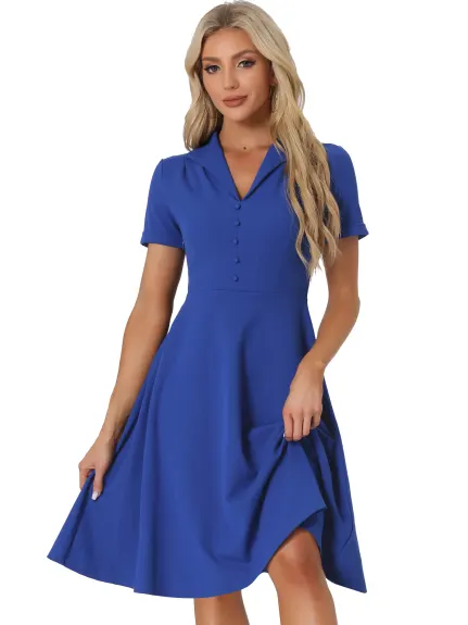 Allegra K- Vintage Flat Collar Short Sleeve Fit and Flare Dress