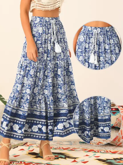 Allegra K- Boho Floral Elastic Waist Maxi Skirt