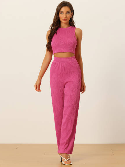 Allegra K - Sleeveless Crop Top Wide Leg Pants Outfits